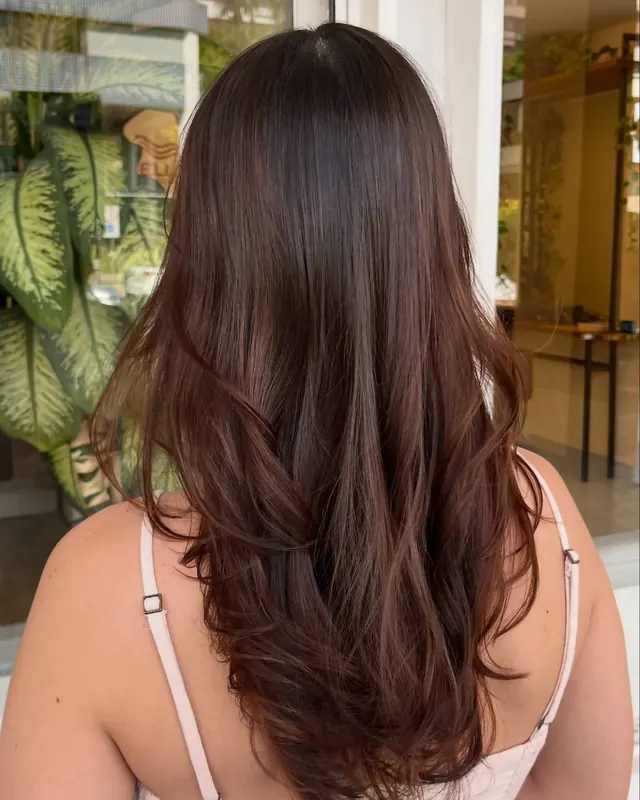 Cabelo longo liso castanho com reflexos, visto de costas, diante da vitrine do salão